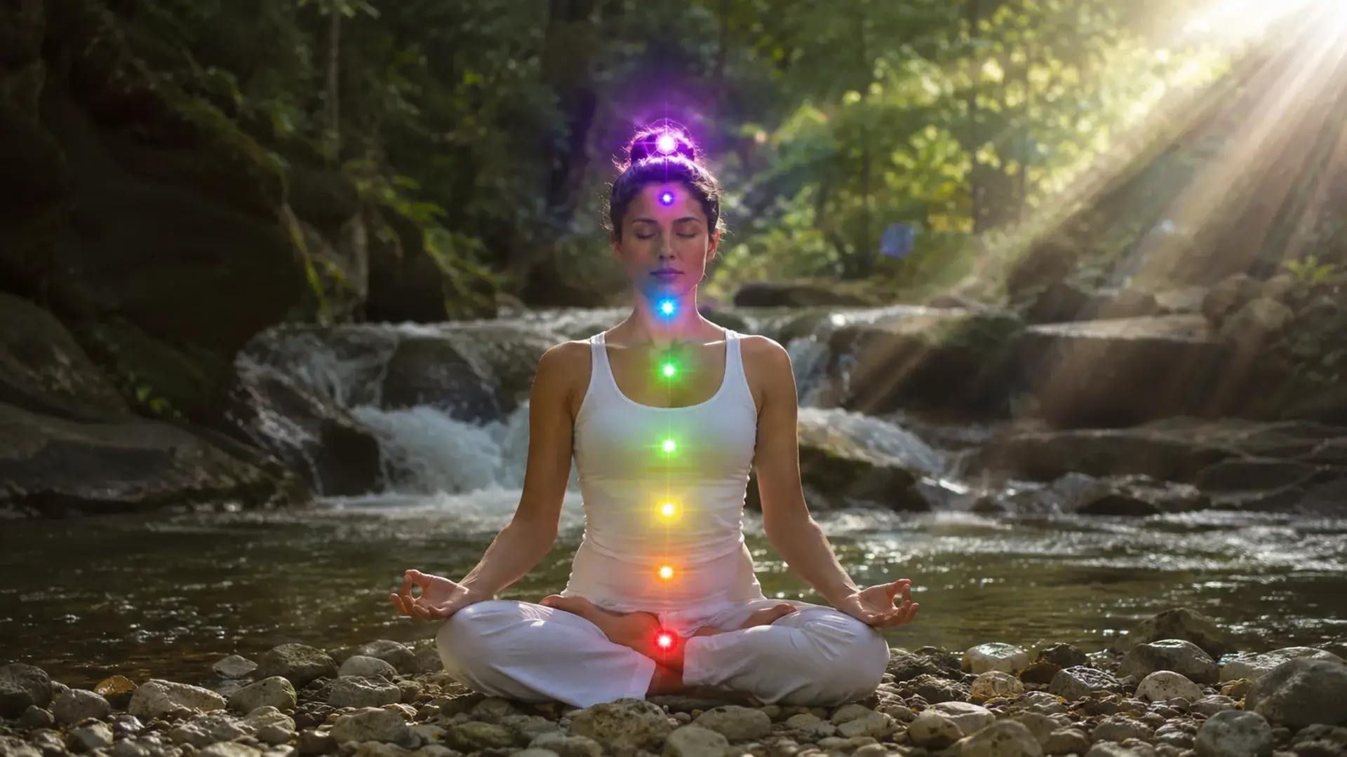 Representación de la alineación de los siete chakras principales a lo largo de la columna vertebral.