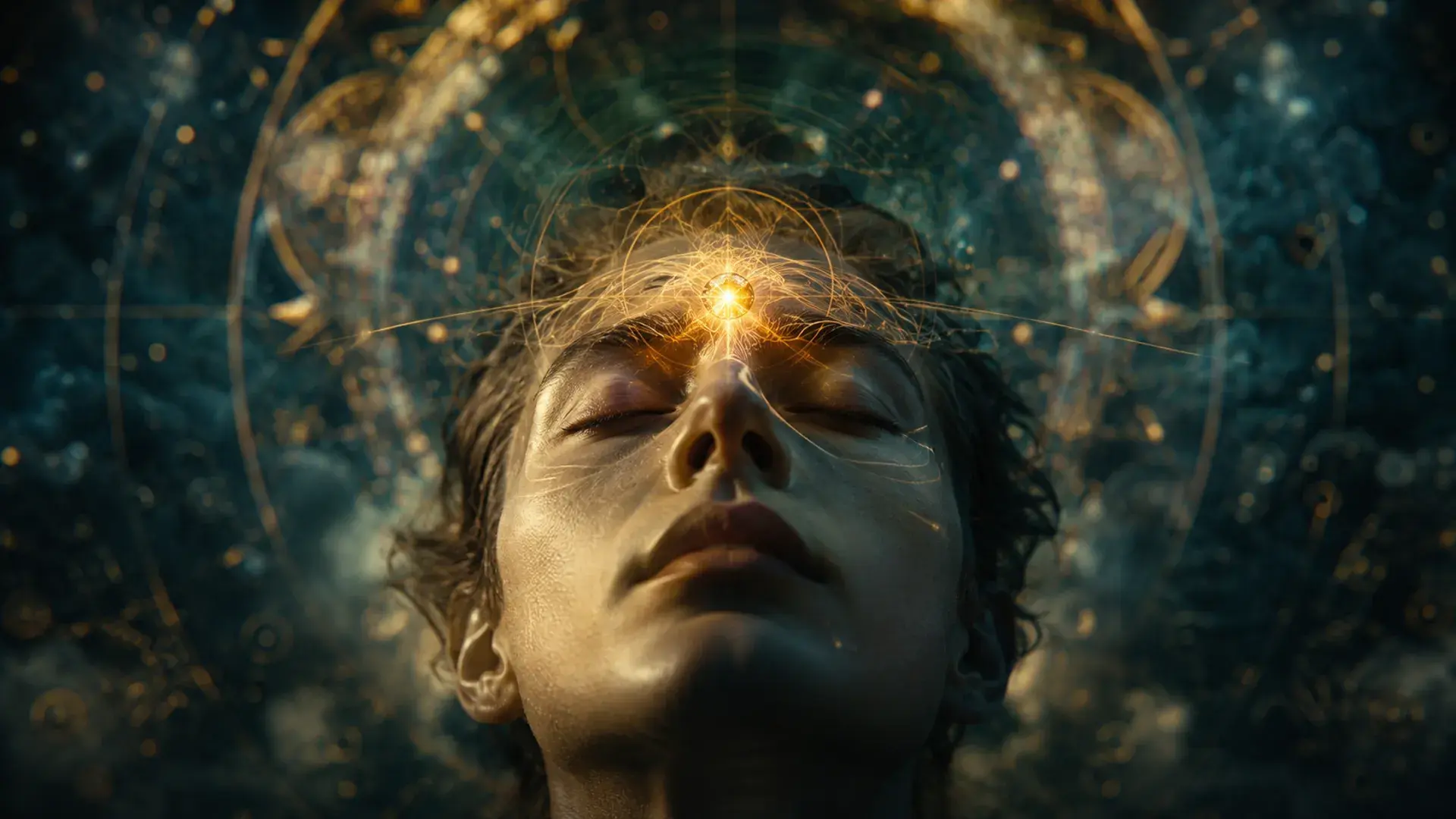Ilustración médica de la glándula pineal situada en el centro del cerebro humano, destacando su forma de cono de pino