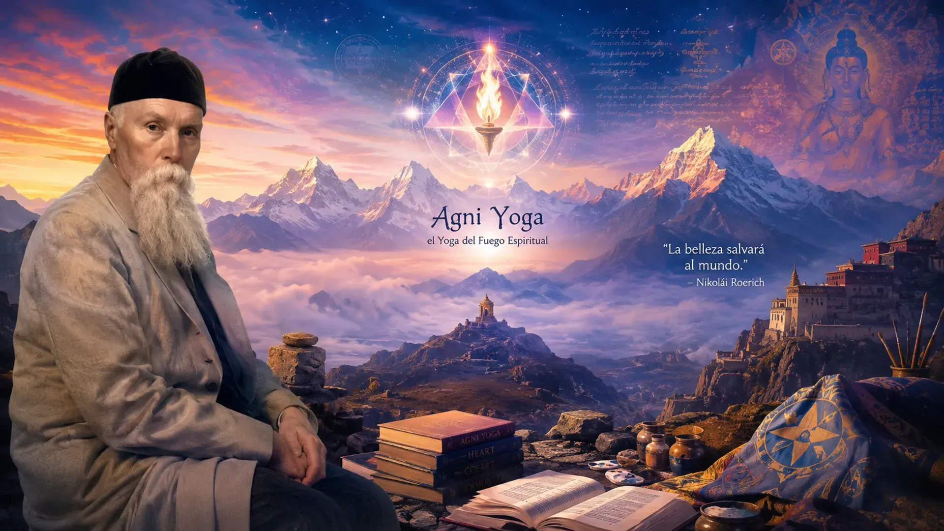 Pintura mística del Himalaya por Nikolái Roerich con picos montañosos iluminados por luz espiritual