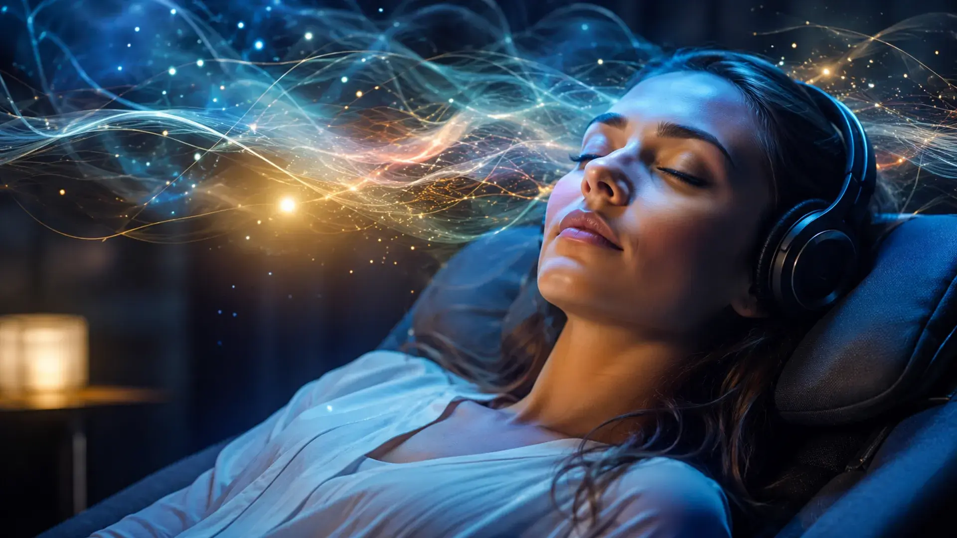 Ilustración de una persona en estado de meditación alfa, con ondas cerebrales representadas visualmente